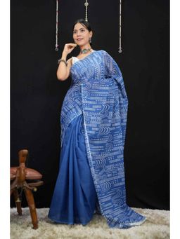 Isadora Life - Womens Printed Blue Pre-Draped Saree with Unstitched Blouse
