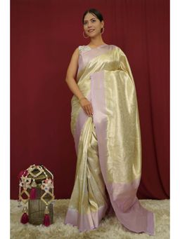Isadora Life - Womens Woven Zari Cream Pre-Draped Saree with Unstitched Blouse