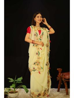 Isadora Life - Womens Embroidered Thread Work Cream Pre-Draped Saree with Unstitched Blouse