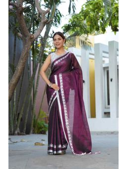 Isadora Life - Womens Woven Tassels Purple Pre-Draped Saree with Unstitched Blouse