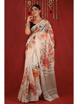 Isadora Life - Womens Floral Printed Off White Pre-Draped Saree with Unstitched Blouse