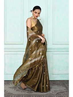 Isadora Life - Womens Woven Tassels Gold Pre-Draped Saree with Unstitched Blouse