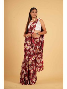 Isadora Life - Womens Floral Printed Maroon Pre-Draped Saree with Unstitched Blouse
