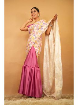Isadora Life - Womens Floral Printed Pink Pre-Draped Saree with Unstitched Blouse