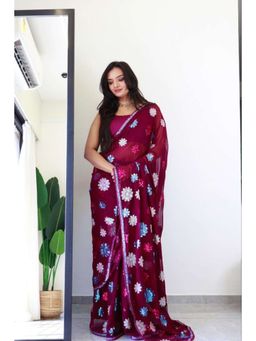 Isadora Life - Womens Floral Sequined Wine Pre-Draped Saree with Unstitched Blouse