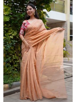Isadora Life - Womens Solid Zari Beige Pre-Draped Saree with Unstitched Blouse