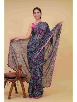 Isadora Life - Womens Bandhani Printed Navy Blue Pre-Draped Saree with Unstitched Blouse