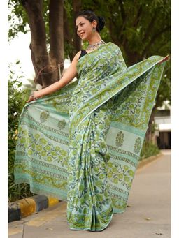 Isadora Life - Womens Floral Printed Green Pre-Draped Saree with Unstitched Blouse