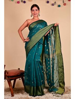 Isadora Life - Womens Woven Zari Green Pre-Draped Saree with Unstitched Blouse