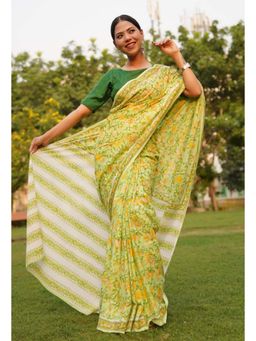 Isadora Life - Womens Floral Printed Green Pre-Draped Saree with Unstitched Blouse