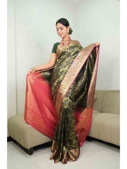Isadora Life - Womens Woven Zari Green Pre-Draped Saree with Unstitched Blouse