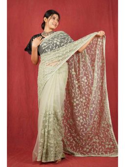 Isadora Life - Womens Sequined Embroidered Green Pre-Draped Saree with Unstitched Blouse