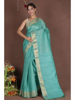 Isadora Life - Womens Woven Zari Blue Pre-Draped Saree with Unstitched Blouse