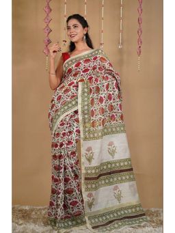 Isadora Life - Womens Floral Printed Multi-Color Pre-Draped Saree with Unstitched Blouse