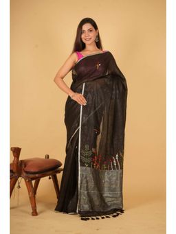 Isadora Life - Womens Embroidered Tassels Black Pre-Draped Saree with Unstitched Blouse