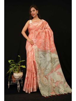 Isadora Life - Womens Printed Tassels Peach Pre-Draped Saree with Unstitched Blouse