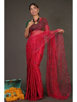 Isadora Life - Womens Bandhani Printed Red Pre-Draped Saree with Unstitched Blouse