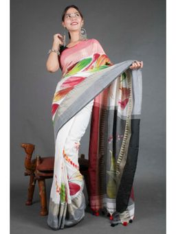 Isadora Life - Womens Floral Printed White Pre-Draped Saree with Unstitched Blouse