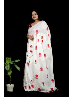 Isadora Life - Womens Printed Tassels White Pre-Draped Saree with Unstitched Blouse