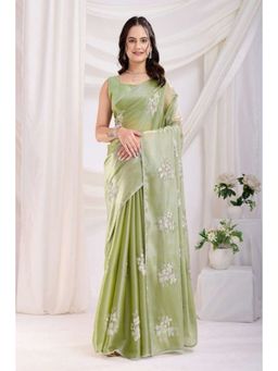 Isadora Life - Womens Sequined Green Pre-Draped Saree with Unstitched Blouse