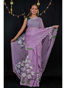 Isadora Life - Womens Floral Printed Lavender Pre-Draped Saree with Unstitched Blouse