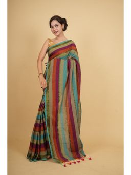 Isadora Life - Womens Stripes Tassels Multi-Color Pre-Draped Saree with Unstitched Blouse