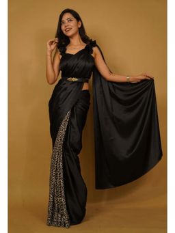 Isadora Life - Womens Animal Printed Black Pre-Draped Saree with Unstitched Blouse