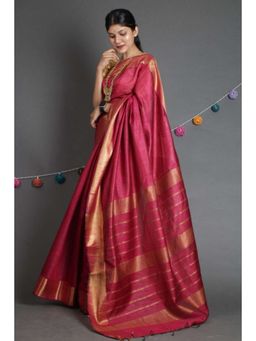 Isadora Life - Womens Woven Zari Red Pre-Draped Saree with Unstitched Blouse