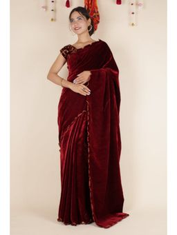 Isadora Life - Womens Solid Gota Maroon Pre-Draped Saree with Unstitched Blouse