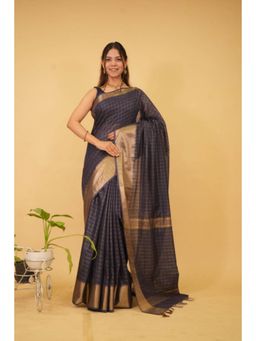 Isadora Life - Womens Checks Zari Navy Blue Pre-Draped Saree with Unstitched Blouse
