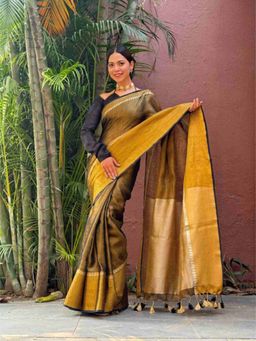 Isadora Life - Womens Solid Tassels Brown Pre-Draped Saree with Unstitched Blouse