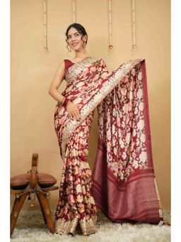 Isadora Life - Womens Floral Embroidered Maroon Pre-Draped Saree with Unstitched Blouse