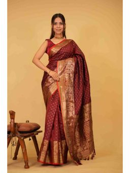 Isadora Life - Womens Woven Zari Red Pre-Draped Saree with Unstitched Blouse