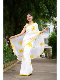 Isadora Life - Womens Floral Printed White Pre-Draped Saree with Unstitched Blouse