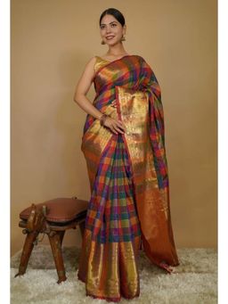 Isadora Life - Womens Checks Zari Multi-Color Pre-Draped Saree with Unstitched Blouse