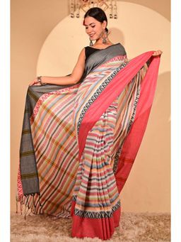 Isadora Life - Womens Striped Printed Multi-Color Pre-Draped Saree with Unstitched Blouse