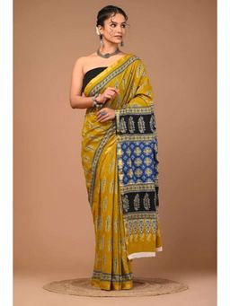 Isadora Life - Womens Printed Mustard Pre-Draped Saree with Unstitched Blouse