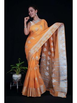 Isadora Life - Womens Woven Zari Orange Pre-Draped Saree with Unstitched Blouse