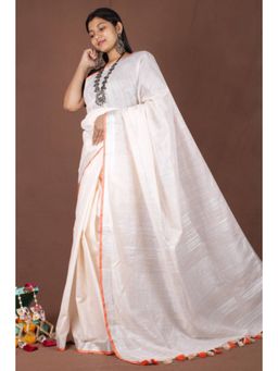 Isadora Life - Womens Solid Tassels White Pre-Draped Saree with Unstitched Blouse