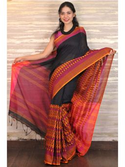 Isadora Life - Womens Woven Tassels Black Pre-Draped Saree with Unstitched Blouse