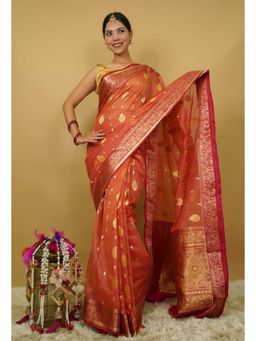 Isadora Life - Womens Woven Zari Rust Pre-Draped Saree with Unstitched Blouse