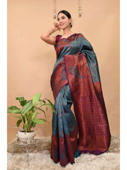 Isadora Life - Womens Paisley Zari Blue Pre-Draped Saree with Unstitched Blouse