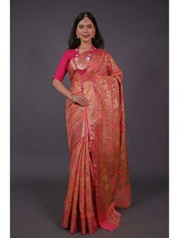 Isadora Life - Womens Woven Zari Peach Pre-Draped Saree with Unstitched Blouse