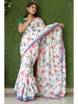 Isadora Life - Womens Floral Printed White Pre-Draped Saree with Unstitched Blouse