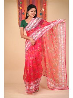 Isadora Life - Womens Floral Embroidered Pink Pre-Draped Saree with Unstitched Blouse