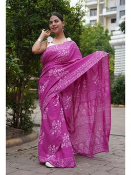 Isadora Life - Womens Block Print Purple Pre-Draped Saree with Unstitched Blouse