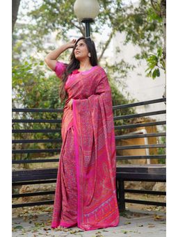 Isadora Life - Womens Paisley Printed Pink Pre-Draped Saree with Unstitched Blouse
