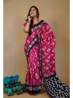 Isadora Life - Womens Printed Pink Pre-Draped Saree with Unstitched Blouse