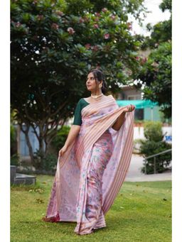 Isadora Life - Womens Floral Zari Pink Pre-Draped Saree with Unstitched Blouse