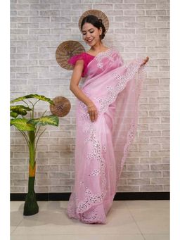 Isadora Life - Womens Mirror Work Sequined Pink Pre-Draped Saree with Unstitched Blouse